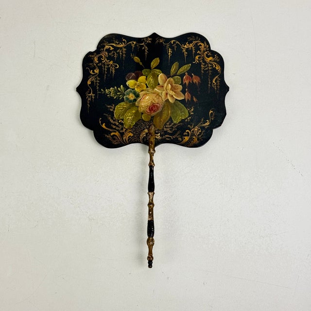 Handheld Victorian Paper Mache Fire Screen With Floral Design, Circa 1880, Comes With Wood Stand For Sale - Image 4 of 9