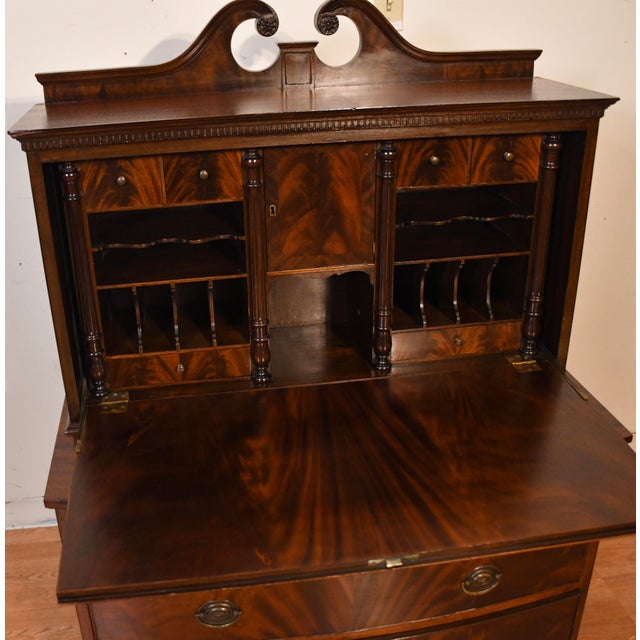 1920 Antique English Regency Crotch Mahogany Secretary Desk Drop Front Desk For Sale - Image 6 of 15