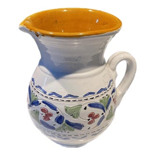 1930s French Provincial Terracotta Pitcher Vase – White & Blue For Sale