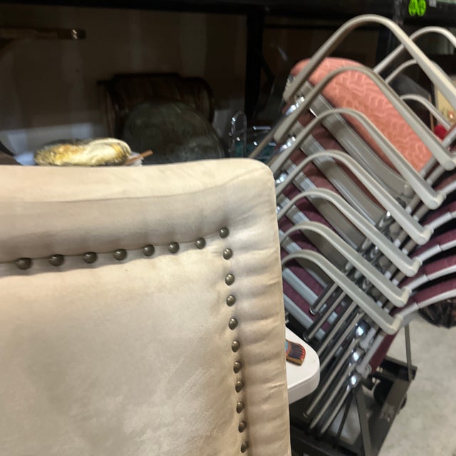 Wood Gray Covered Cushioned Modern Queen Size Headboard For Sale - Image 7 of 9