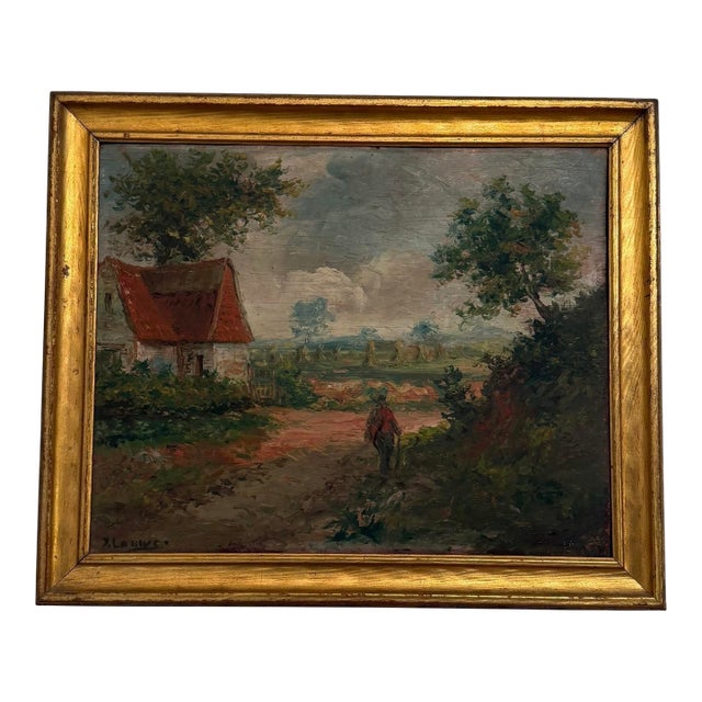 Late 19th Century Gold Framed French Impressionist Oil on Board “Countryside Stroll” Artist Signed T. La Rive For Sale