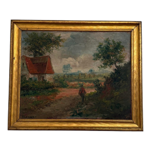 Late 19th Century Gold Framed French Impressionist Oil on Board “Countryside Stroll” Artist Signed T. La Rive