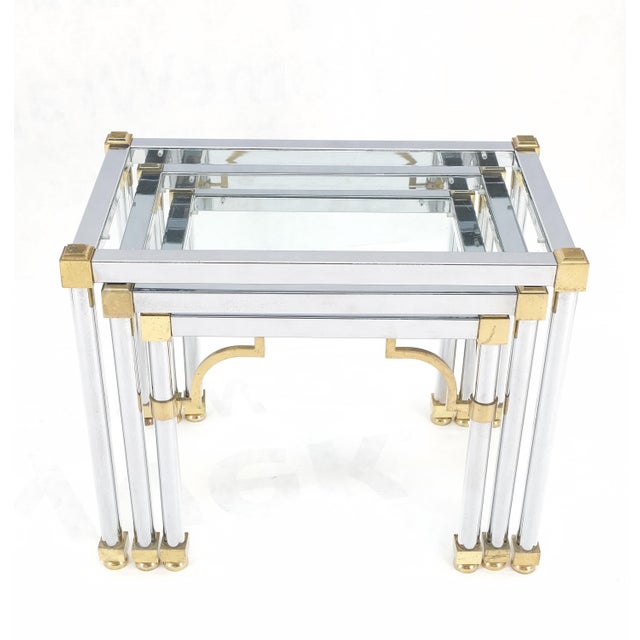 Set of 3 Chrome & Brass Glass Tops End Nesting Side Lamp Tables MINT!