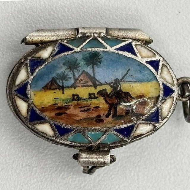 Metal Egyptian Revival Sterling Silver Painted Enamel Locket W/ Gilded Gold Nude Mummy For Sale - Image 7 of 11