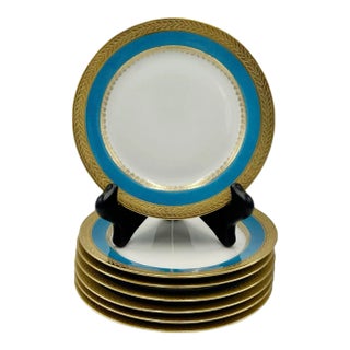 Early 20th Century M. Redon Limoges France Blue & Gold Porcelain Bread Plates- Set of 7 For Sale