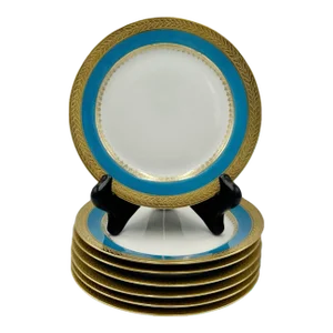 Early 20th Century M. Redon Limoges France Blue & Gold Porcelain Bread Plates- Set of 7