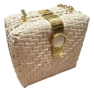 An Elegant 1960s White Wicker and Brass Square Italian Evening Bag