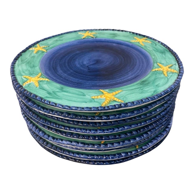 Vintage Italian Faience Starfish Coastal Ceramic Plates - Set of 9 For Sale