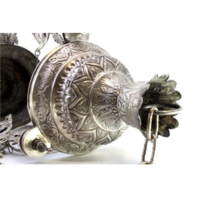 Silver Pendant with Reliefs, Mesh Suspension Chain, Padlock and Ceiling Bracket, in Very Good conditions. Designed 1890 to...