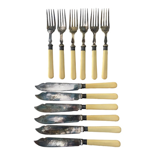 Antique English Silverplate Sheffield Fish Knife and Fork Set- 12 Pieces For Sale