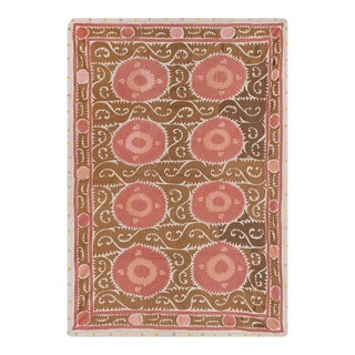 Suzani Wall Hanging Decor - Faded Brown Suzani Table Cloth - Uzbek Embroidery Neutral Textile, Boho Bedspread, Ethnic Tapestry 7'7''x10'8'' For Sale