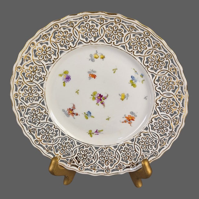 Ceramic Vintage Saxonia Dresden Painted Floral Gilded Reticulated Plates - Set of Four For Sale - Image 7 of 10