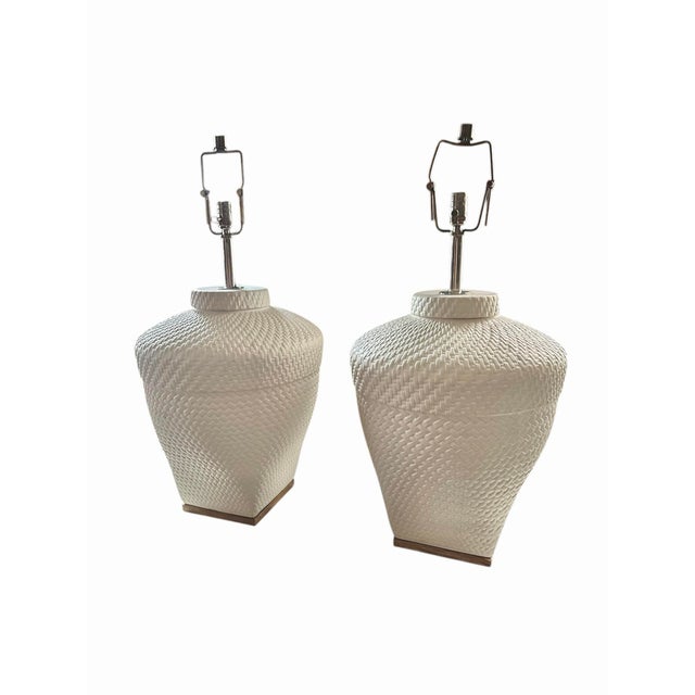 American Coastal White Ralph Lauren Ceramic Woven Rope Texture Lamps With Chrome Finials - A Pair For Sale - Image 3 of 12