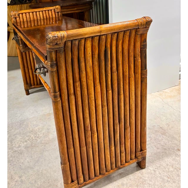 Wood Paul Frankl Styled Stacked Rattan Bamboo Desk. Vintage, Refurbished, Mahogany Desk or Entry Table. For Sale - Image 7 of 9