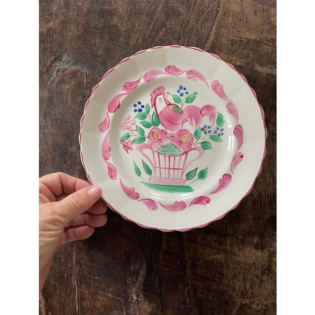 Wonderful set of 4 salad plates, presented on a soft white, the Handpainted design is in a bubblegum pink and a cool leafy...