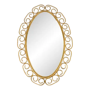 1960-1970’s Hollywood Regency Bohemian Free Standing Mirror Gold Painted Wicker Scroll Clad Frame