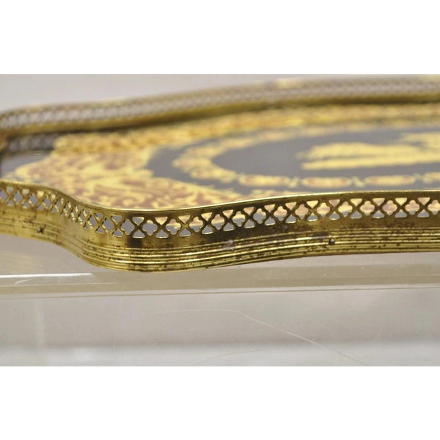 Vintage Italian Lacquered Wood & Brass Chariot Marquetry Inlay Bar Serving Tray For Sale - Image 9 of 12