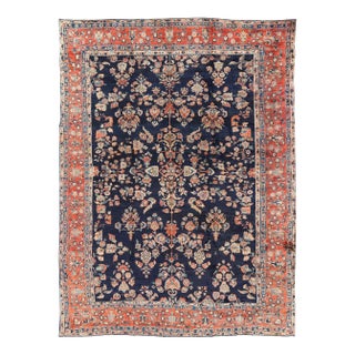 Antique Large Sarouk Faraghan Rug With Floral Pattern in Navy and Orange-Red 12'1 X 15'8 For Sale