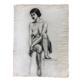 1940s Charcoal Drawing of Female Nude For Sale