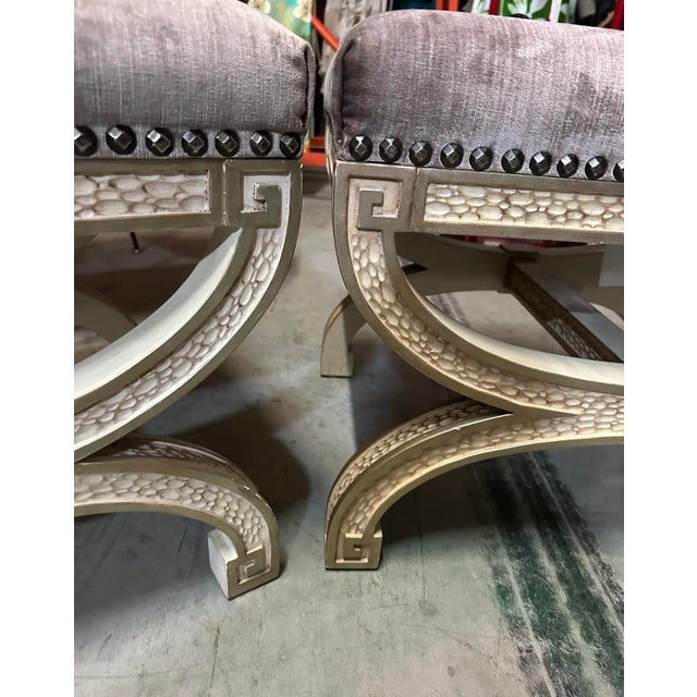 Pair of Vintage Purple Velvet and Wooden Ottomans For Sale In Atlanta - Image 6 of 12