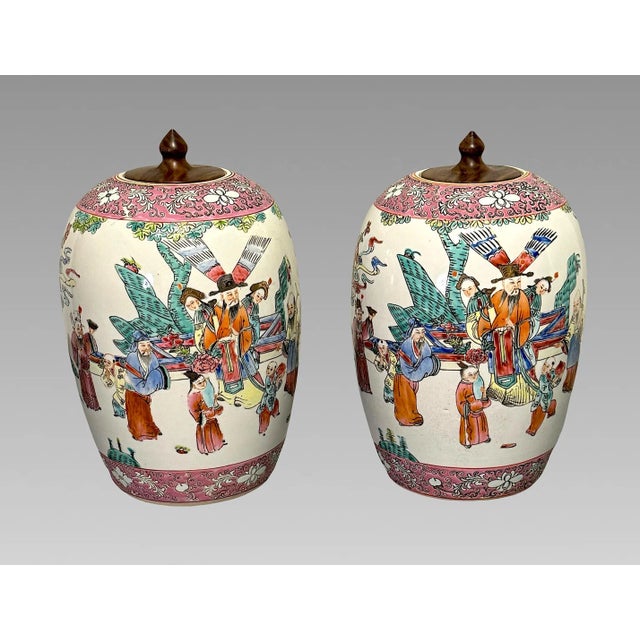 Maitland - Smith Maitland Smith Auspicious Famille Rose Lidded Chinese White Porcelain Ginger Jars With Figures & Birds, a Pair For Sale - Image 4 of 10