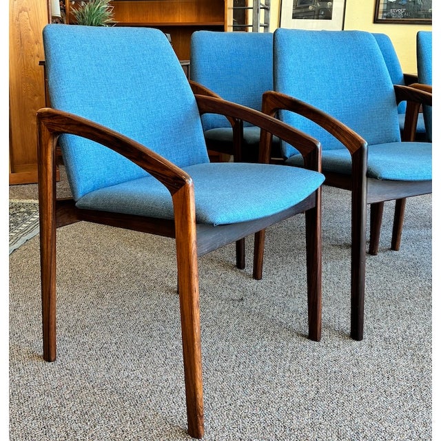 Mid-Century Modern Set of Six Mid Century Danish Modern Rosewood & Upholstered Dining Chairs by Kai Kristiansen for Ks Mobler , Denmark c.1960 For Sale - Image 3 of 8