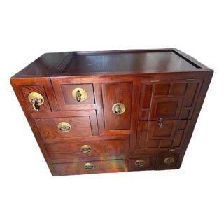 Late 20th Century Japanese Edo–Meiji Style Puzzle Tansu Cabinet, Two-Piece Elmwood Chest With Brass Hardware For Sale