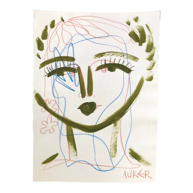 Original Contemporary Painting on Paper,”Face in Olive” by Auker For Sale