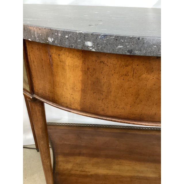 Pair of Louis XVI Style Marble Top Mahogany Brass Mounted Demi-Lune Consoles For Sale - Image 10 of 11
