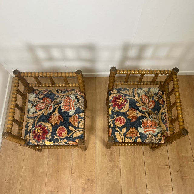 20th Century Corner Chairs in Turned Wood with Bobbins and Fabric Seats, 1950s, Set of 2 For Sale - Image 6 of 14