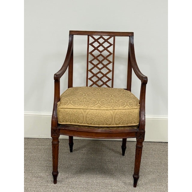 Pair of Vintage Mahogany Regency Style Dining Armchairs with Trellis Back and Gold Damask Fabric