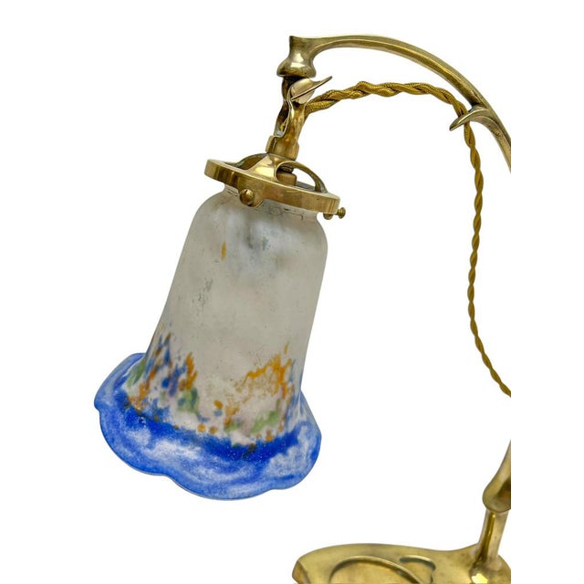 Art Nouveau Brass Table Lamp with Glass Paste Lampshade, 1920s For Sale - Image 4 of 11