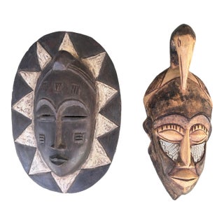 Pair of Hand-Carved Ghanaian Wooden Masks – African Sculptural Wall Art Set For Sale