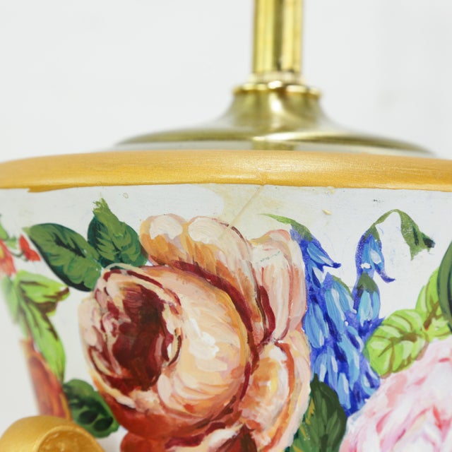 Vintage Floral Hand-Painted Brunschwig & Fils Wooden Table Lamps With Green Faux Marble Bases For Sale - Image 16 of 17