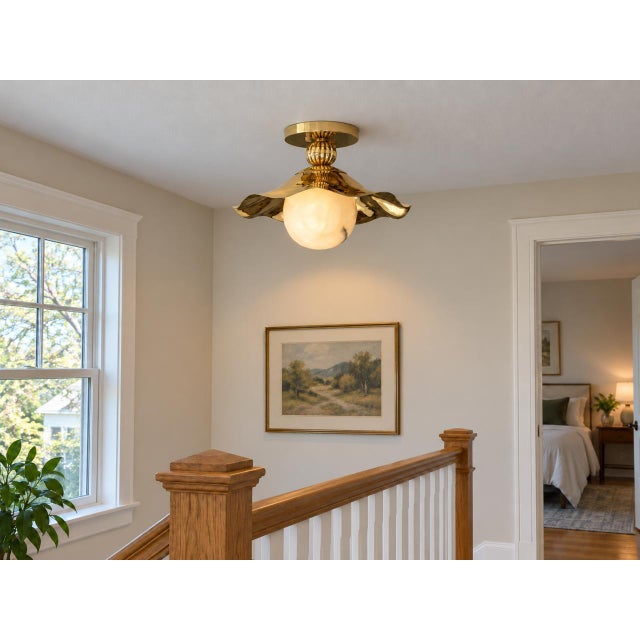 Art Deco Wavy Brass Flush Mount Light With Alabaster Globe For Sale - Image 3 of 13
