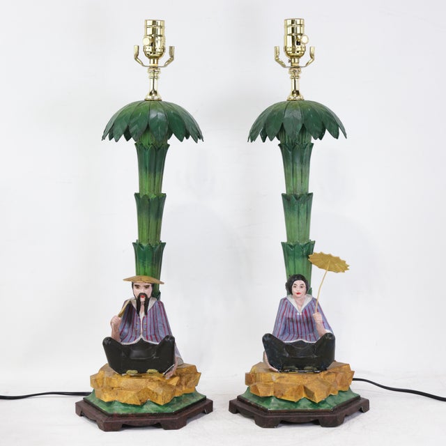Pair of Vintage Hand-Painted Chinoiserie Tole Palm Tree and Figurine Table Lamps For Sale - Image 12 of 12
