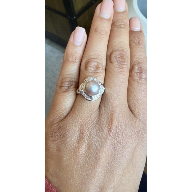 Tahitian Pearl Baguette Diamond 14 Karat White Gold Ring, Size 7 For Sale - Image 9 of 10