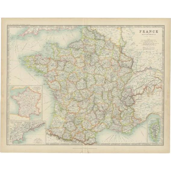 Antique Map of France by Johnston, 1909 For Sale
