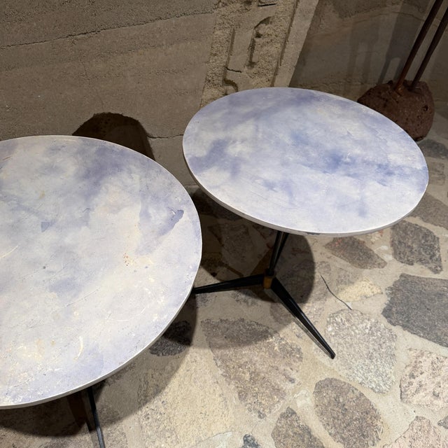 Mid Century Modern Tripod Side Tables Goatskin French Inspired Blue For Sale - Image 10 of 13