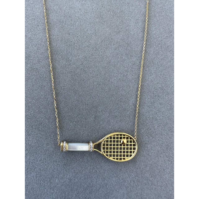 Diamond White Pearl Emerald 18 Karat Gold Tennis Racket Charm Pendant Necklace For Sale - Image 12 of 17