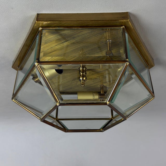 Vintage Hexagonal Brass Ceiling Lamp with Beveled Glass, 1970s For Sale - Image 10 of 10