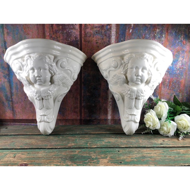 Gien White Ceramic Wall Consoles with Cherub Faces, 1980s, Set of 2 For Sale - Image 15 of 15