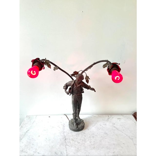 Vintage Art Nouveau Bronze Spelter Sculptured Table Lamp - Made in France For Sale - Image 9 of 11