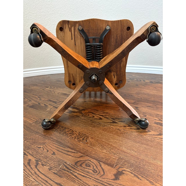 Antique h.w. Hull & Sons Quarter-Sawn Oak Swivel Desk Chair on Original Brass Casters For Sale - Image 9 of 12