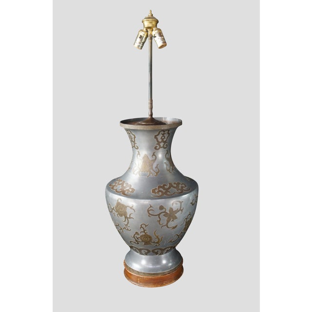 An exquisite and monumental set of handmade Chinoiserie mantel urn buffet lamps. Each large vase is made from pewter with...