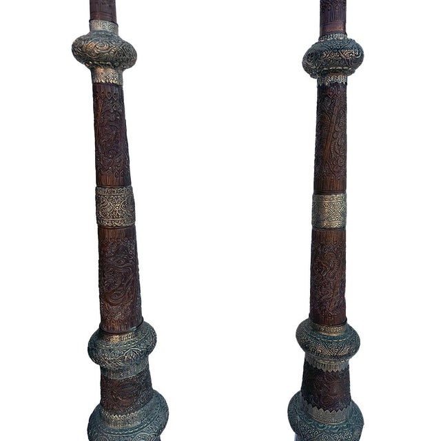 Pair Large Tibetan Buddhist Copper and Brass Dung Chen (Long Horn) Trumpets For Sale - Image 4 of 8