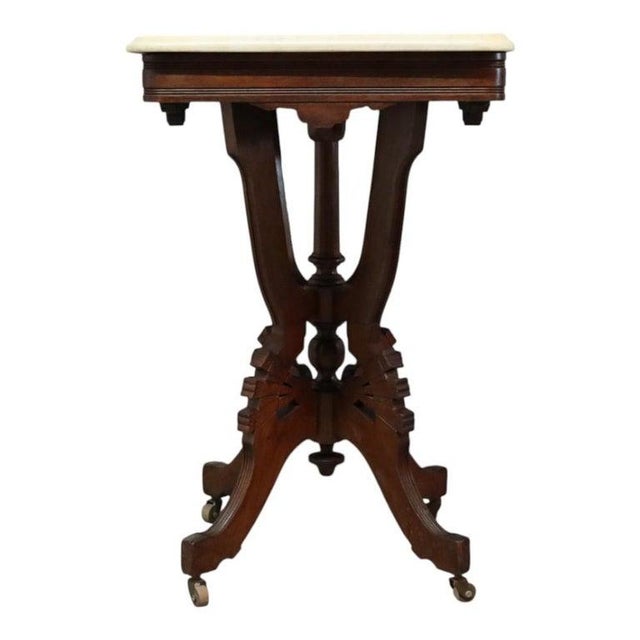 Antique Eastlake Carved Walnut Square Marble Top Table C1890 For Sale - Image 11 of 11