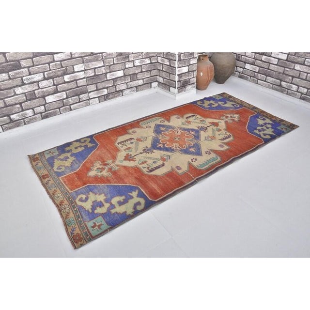 1960s Red & Blue Vintage Floor Rug For Sale - Image 5 of 10