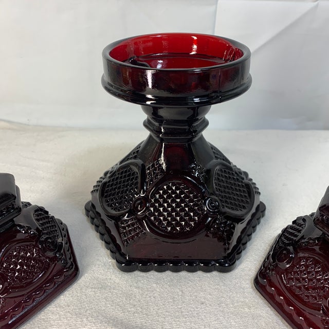 American Vintage Avon 1876 Cape Cod Ruby Red Glass Candle Holder Set – 3 Pieces (Hurricane Base & Short Candlesticks) For Sale - Image 3 of 6
