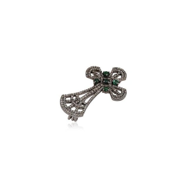 Gemstone Vintage Inspired Statement Silver Cross Brooch Pendant With Emerald & Diamond For Sale - Image 7 of 14